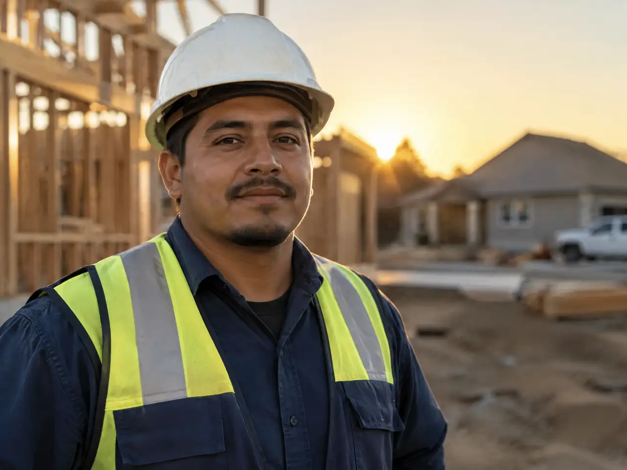 Trabajador latinoamericano con chaleco de seguridad en una obra en Estados Unidos al atardecer